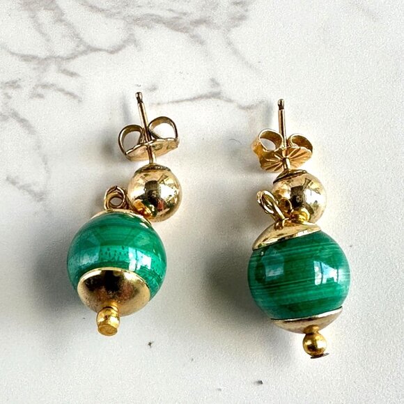 Gold Plated Green Glass Dangle Earrings 1" - Picture 1 of 5